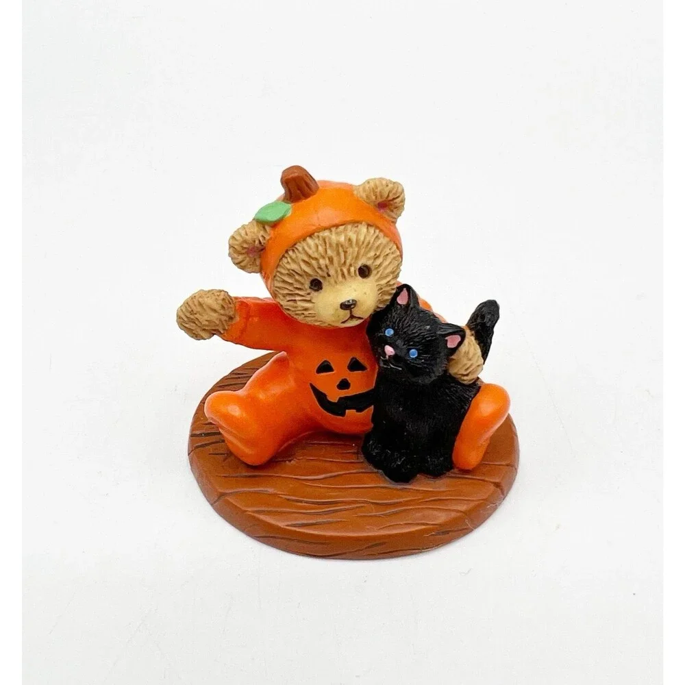Vintage Russ Lil Haunters Teddy Bear Pumpkin Black Cat Halloween Figurine 2.75